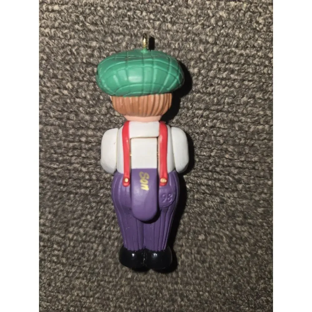 1998 Hallmark Miniature Christmas Ornament Boy Green Hat Purple Pants 2.5